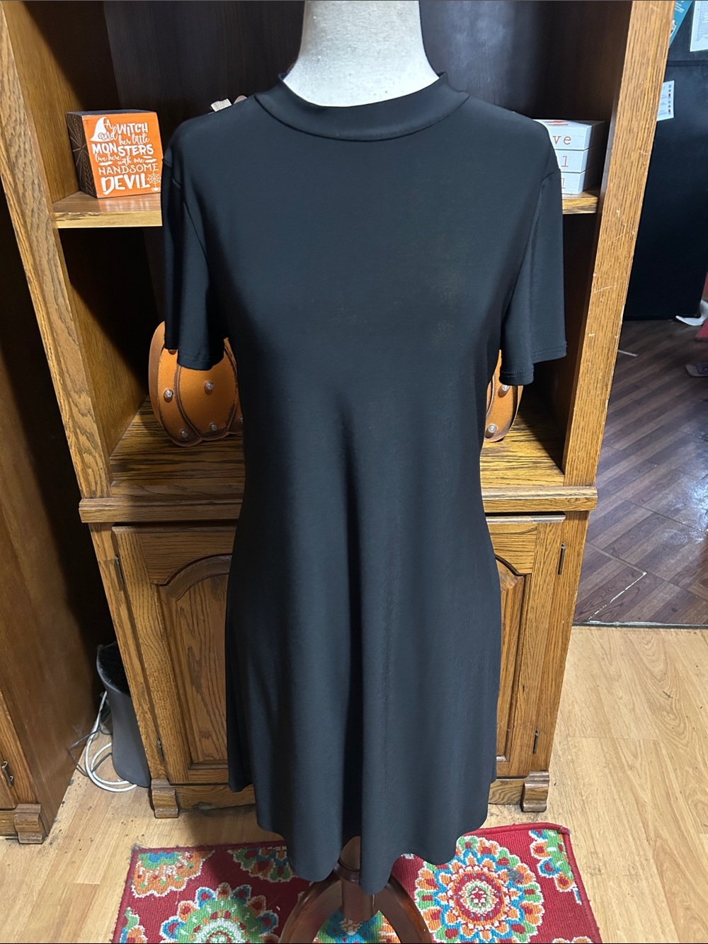 Black Short-Sleeve Swing Dress -